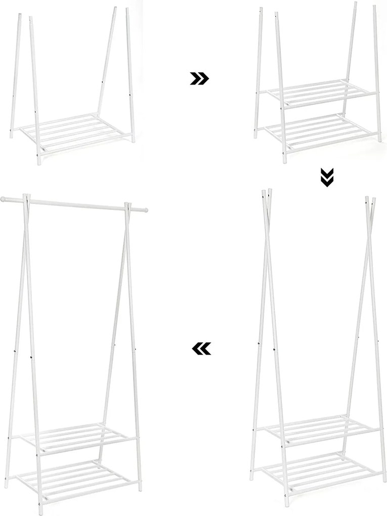 Kovový stojan na šaty s policami na topánky, krémovo biely