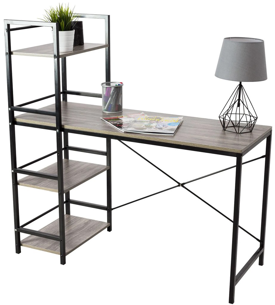 Tutumi Tutumi, priemyselný pracovný stôl s regálom 120x49x120,5 cm, čierna-dub, MEB-06000