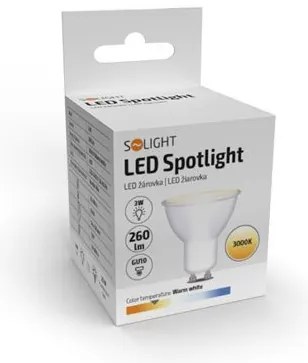 SOLIGHT LED žiarovka bodová PAR16 3W, GU10, 3000K, 260lm, teplá biela