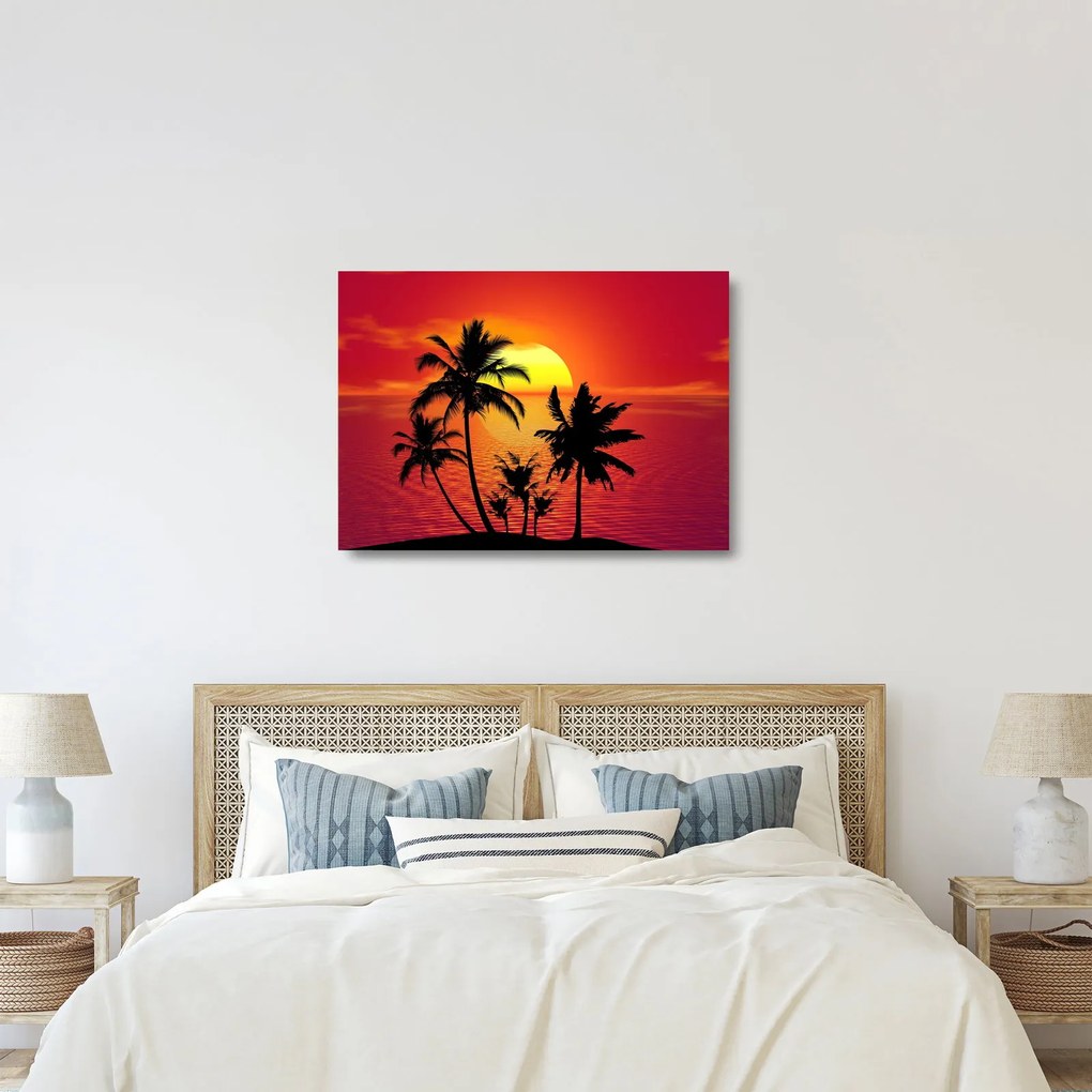 Sklenený obraz siluety ostrova s palmami (70x50 cm)