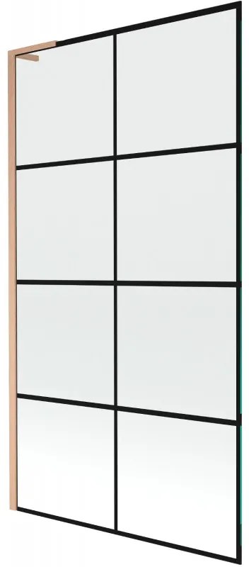 Mexen Next L, 1-krídlová vaňová zástena 100 x 150 cm, 6mm číre sklo-čierny vzor, medený profil, 895-100-000-03-77-65