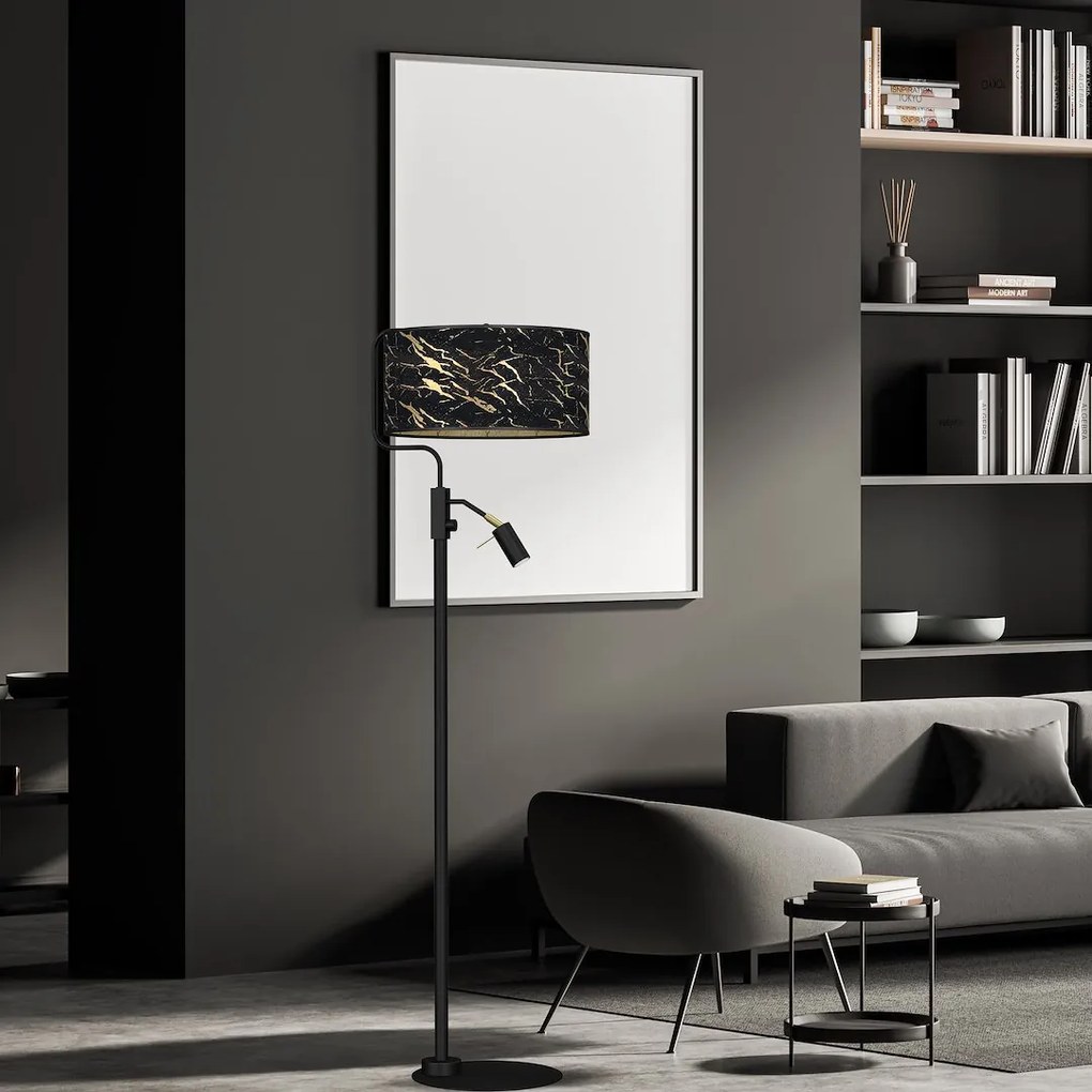 EUlight Stojacia lampa Senso, 1x čierne/zlaté textilné tienidlo + 1x čierne kovové tienidlo, b/g