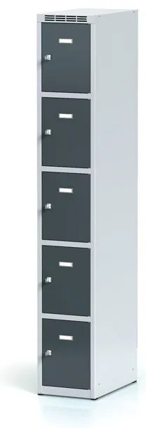 Alfa 3 Šatníková skrinka S6 s úložnými boxami, 5 boxov, 1800 x 300 x 500 mm, otočný zámok, tmavosivé dvere