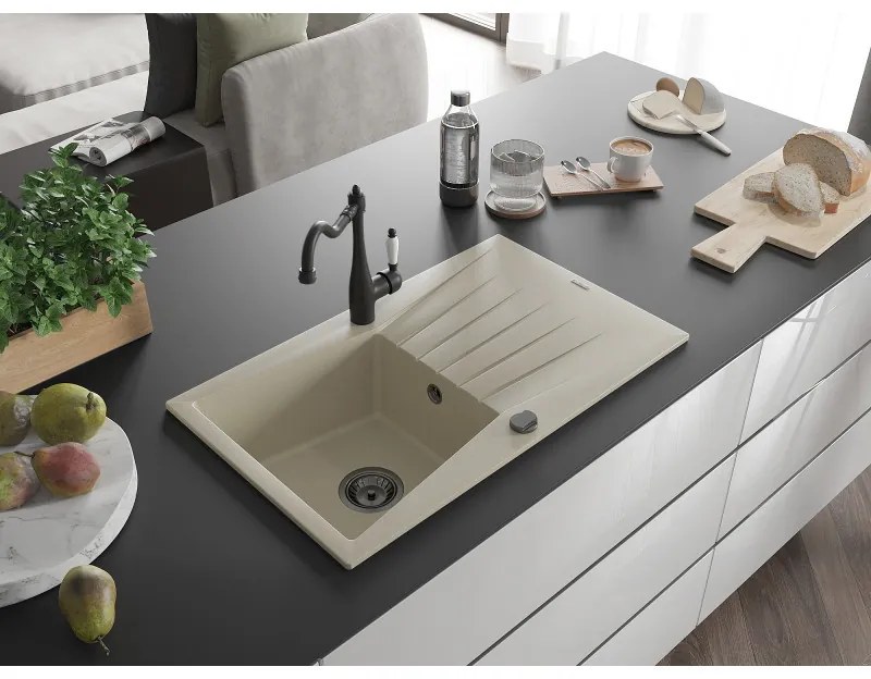 Mexen Cesar, 1-komorový granitový drez 775x470x190 mm a drezová batéria Carla, béžová, 6514-69-670700-70