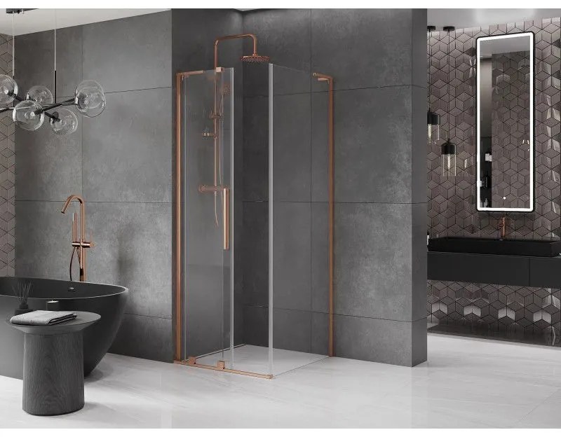 Mexen Velar L, sprchový kút s posuvnými dverami 120 x 120 cm, 8mm číre sklo, medená matná, 871-120-120-03-65