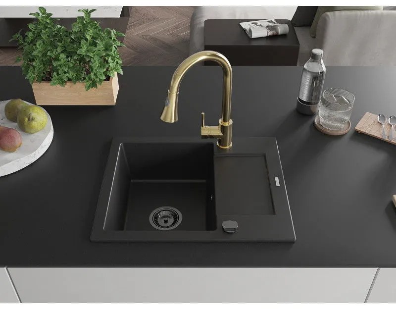 Mexen Enzo, 1-komorový granitový drez 576x465x174 mm a drezová batéria Elia, čierna, 6506-77-670101-50-B