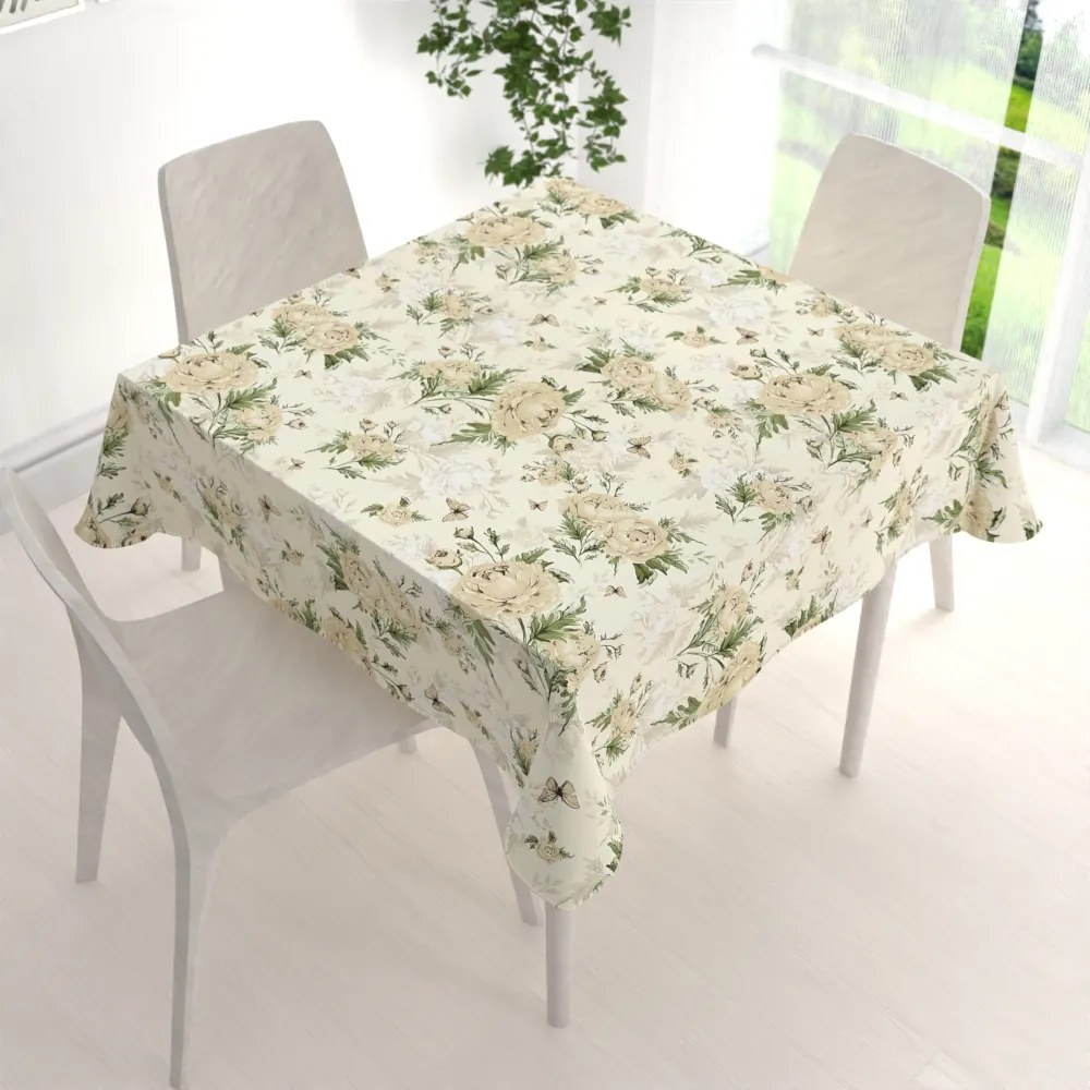Biante Bavlnený štvorcový obrus Sandra SA-473 Pivonky s motýlikmi na vanilkovom 70x70 cm