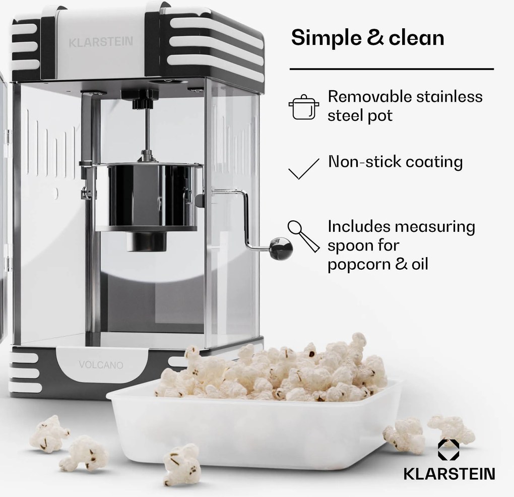 Klarstein Volcano, popkornovač, 300 W, 60 g/4 min, hrniec z nehrdzavejúcej ocele, retro dizajn