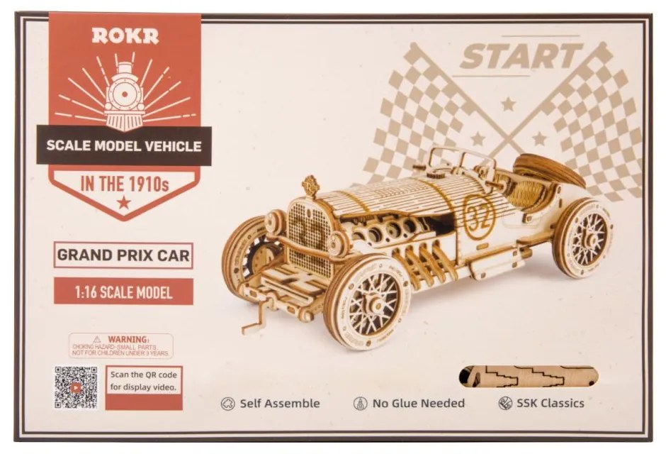 Robotime 3D drevené puzzle Závodní veterán Grand Prix car 1:16 220 ks