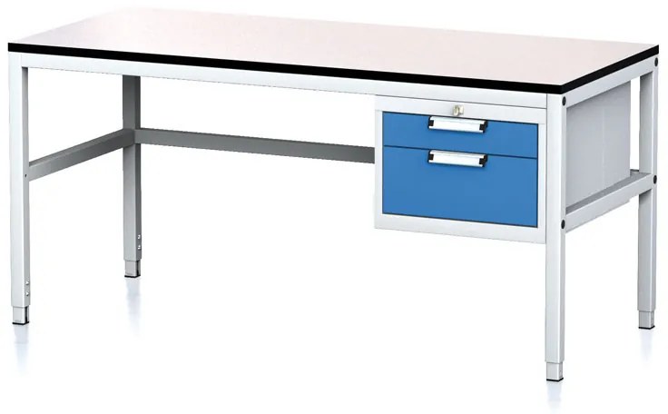 Nastaviteľný dielenský stôl MECHANIC II, 2 zásuvkový box na náradie, 1600x700x745-985 mm, sivá/modrá