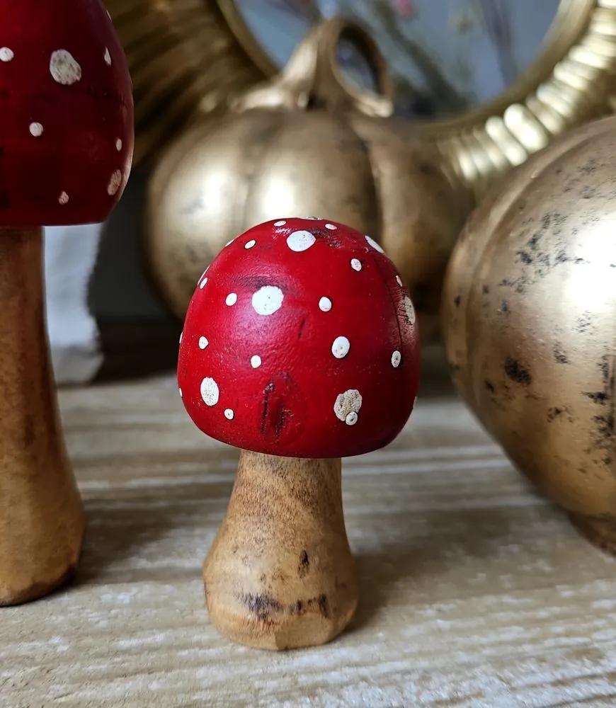 Červeno hnedá drevená dekorácia muchmúrka Mushroom S - Ø 5*8 cm