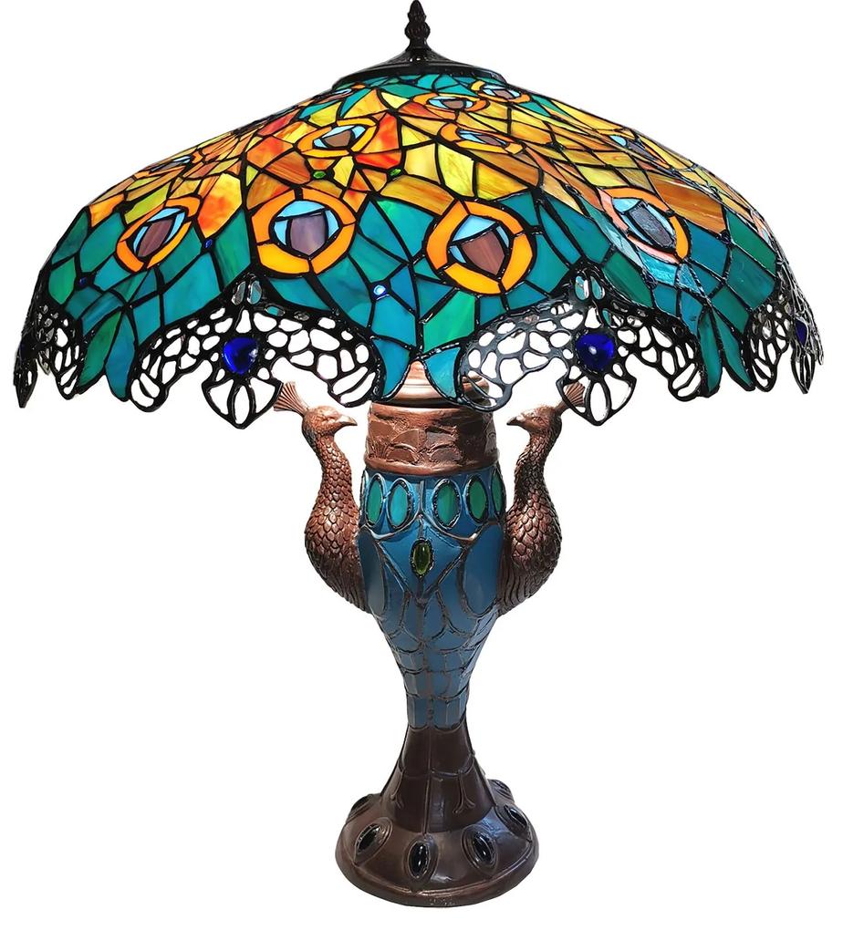 Vitrážové stolná lampa Tiffany Paons - Ø 56 * 68 cm E27 / max 2 * 60W E14 / max 1 * 25W
