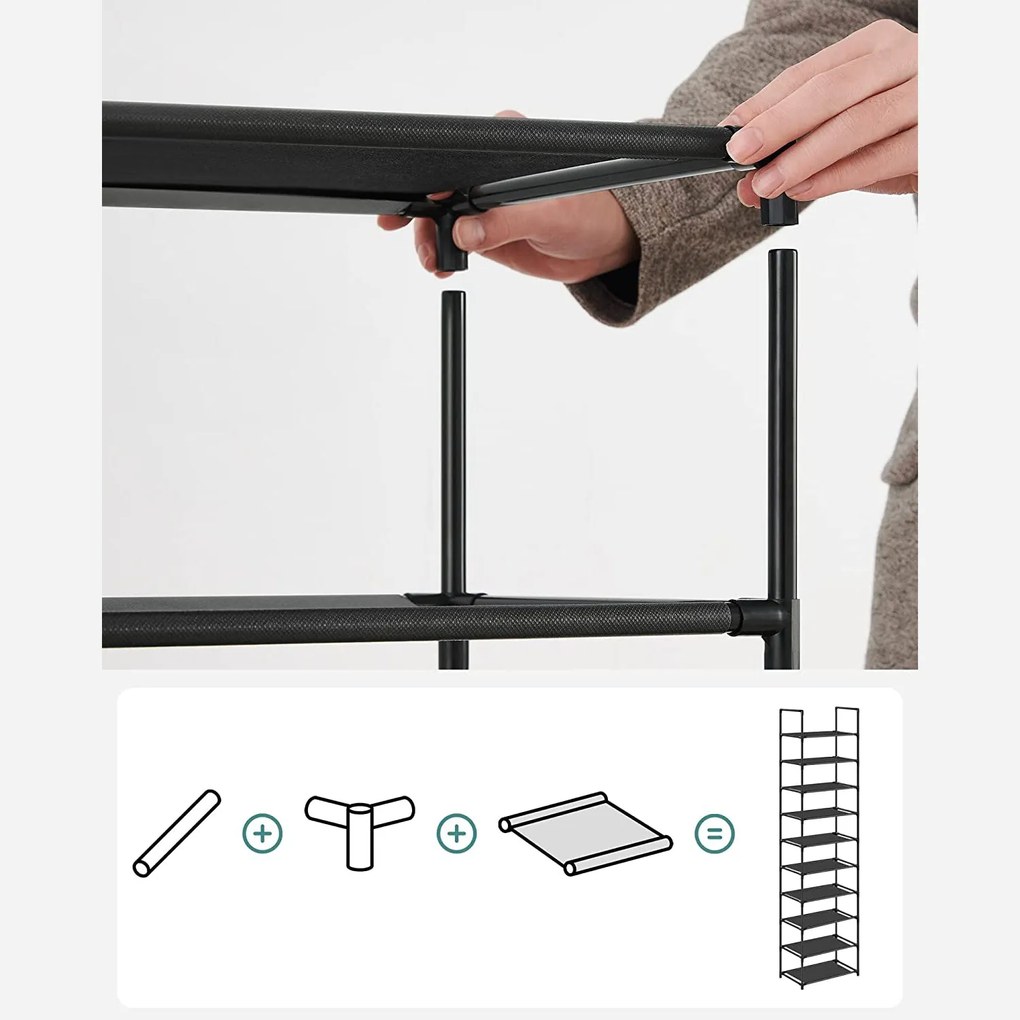 Botník, 10-úrovňový stojan na topánky, úzky, čierny