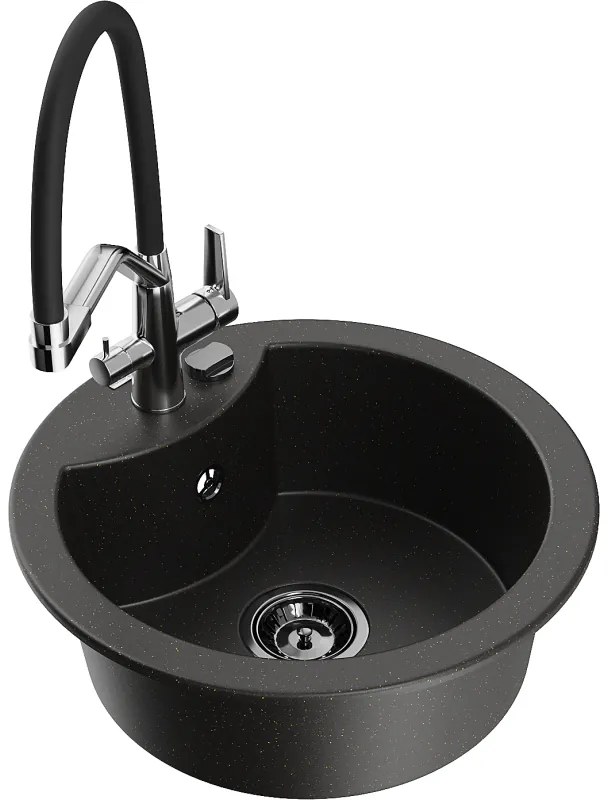 Mexen Diego, 1-komorový granitový drez 488x488x167 mm a drezová batéria Duo, čierna-zlatá metalíza, 6512-75-671701-07-B