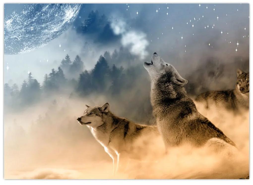 Sklenený obraz - vlci vyjúci na mesiac (70x50 cm)
