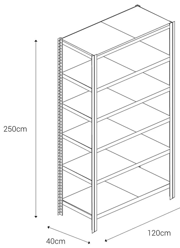 Bezskrutkový kovový regál 250x120x40cm T profil, 6 políc