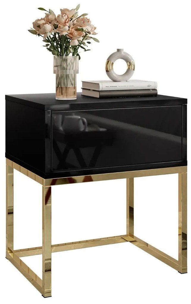 NOČNÝ STOLÍK EDWARD GLOSS ČIERNY LESK + ZLATÝ PODSTAVEC