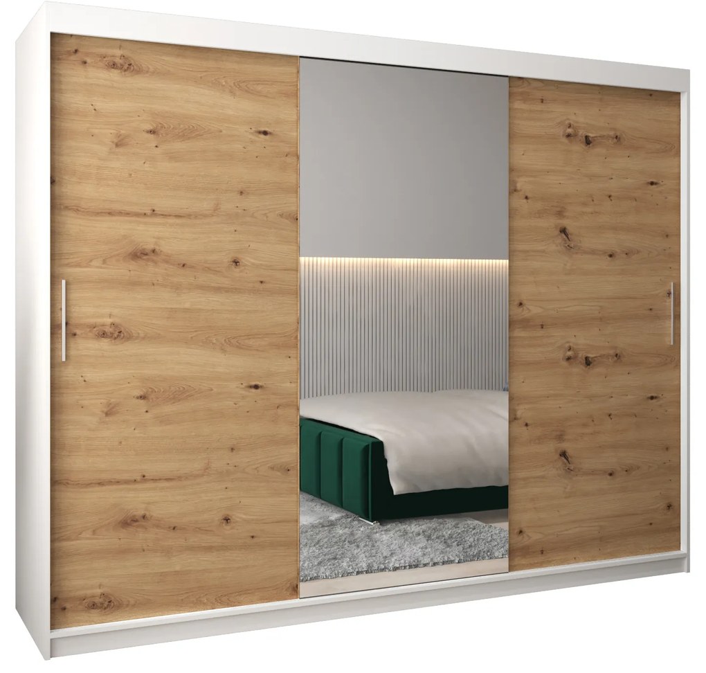 Šatníková skriňa 250 cm Toki 1 (Biela matná + Dub artisan). Akcia -52%. Vlastná spoľahlivá doprava až k Vám domov. 1064945