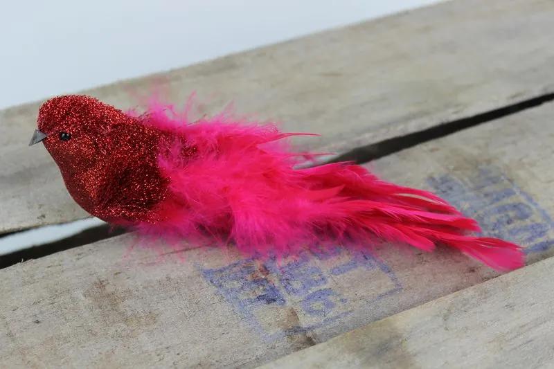 Červený trblietavý vtáčik na štipci 21cm