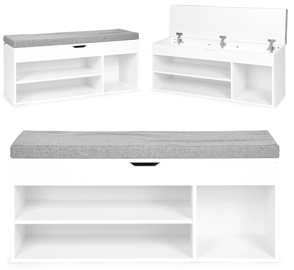 ModernHome Skrinka na topánky so sivým vankúšom - 3 biele police