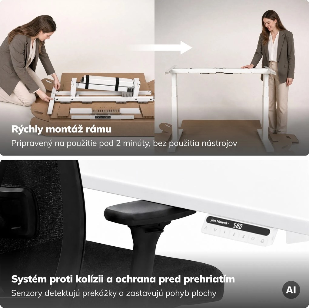 Elektrický stôl s nastaviteľnou výškou ergonomický biely,1400x700 mm: ARIA