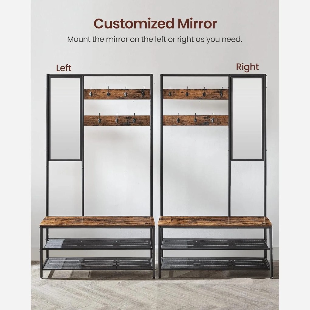 Stojan na kabáty so zrkadlom, háčikmi, lavicou a policami na topánky, rustikálny hnedý