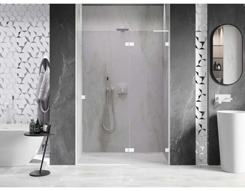 Mexen Lunar L, pravé otočné sprchové dvere 135 cm, 8mm číre sklo, biely profil, 834L-135-000-20-00-P