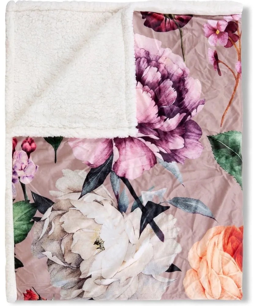 Béžová obojstranná deka Descanso Fiori, 130 x 160 cm
