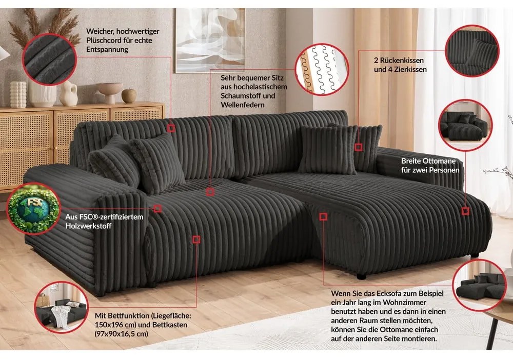 Tmavosivá menčestrová rozkladacia/s úložným priestorom rohová pohovka (pravý roh) Sarina – Ropez