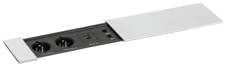 Stôl SQUARE 2000 x 800 x 750, grafit + 2x stolná zásuvka TYP IV, strieborná