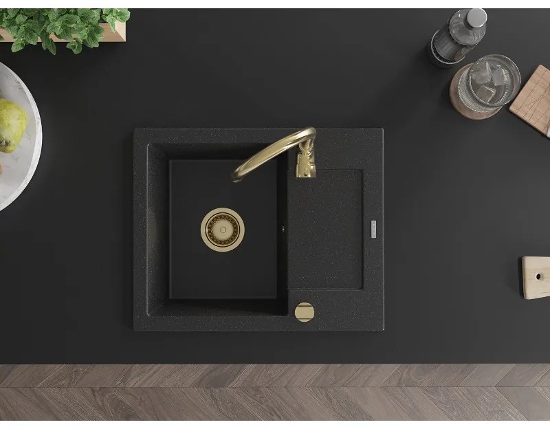 Mexen Enzo, granitový drez 576x465x174 mm, 1-komorový, čierna/strieborná metalíza so zlatým sifónom, 6506571005-73-G
