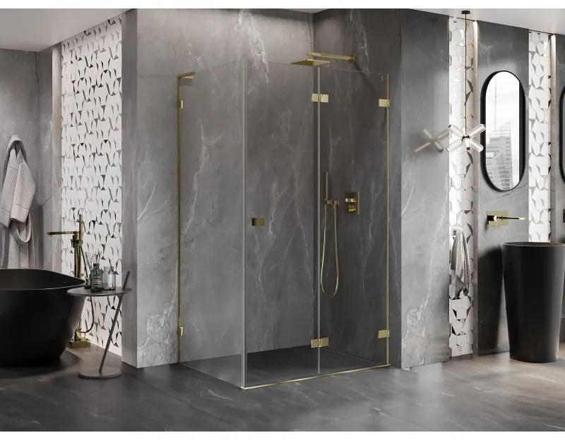 Mexen Lunar-F L, 1-krídlový sprchový kút so skladacími dverami, pravý, 90 x 80 cm, 8mm číre sklo, zlatý lesklý profil, 836L-090-080-50-00-P