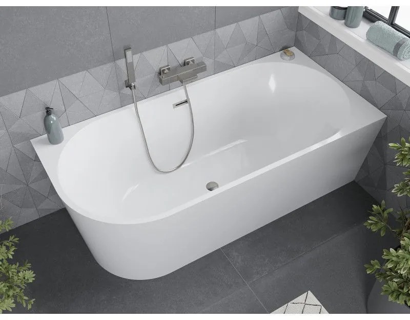 Mexen Mia, voľne stojaca rohová vaňa pravá 160 x 80 cm, biela, prepad brúsený nikel, 52691608000P-97