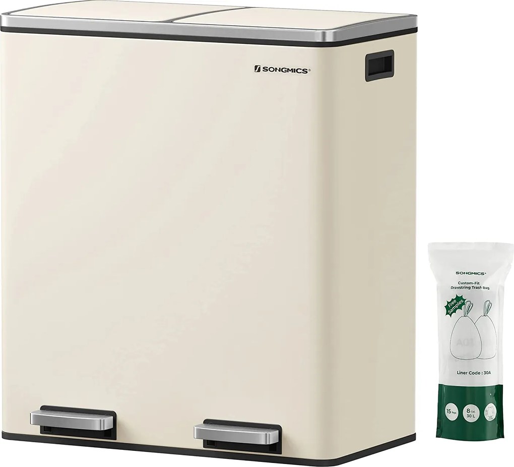 Kovový pedálový odpadkový kôš 2 x 30 L, vzduchotesný, krémovo biely