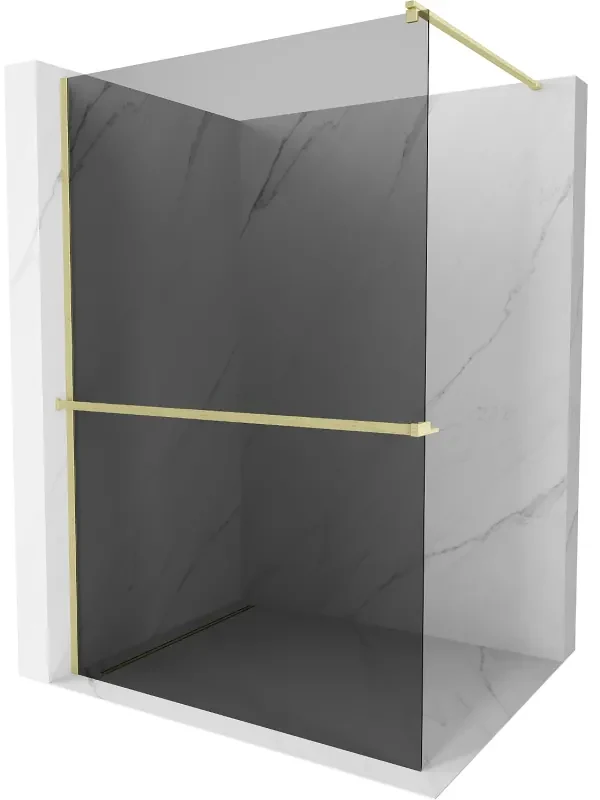 Mexen Kioto+, sprchová zástena Walk-In s poličkou a vešiakom 130 x 200 cm, 8mm šedé sklo, zlatý matný profil, 800-130-121-55-40
