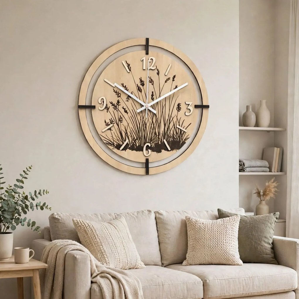 Drevené nástenné hodiny s motívom lúčnych tráv | LIANA: HDF - Javor 30 cm 4809-115521 HDF0705-ruky-silver