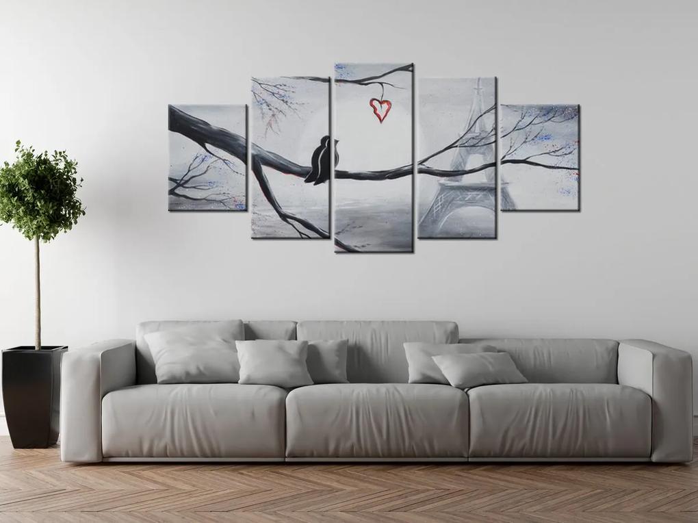 Gario Ručne maľovaný obraz Vtáčia romantika v Paríži - 5 dielny Rozmery: 150 x 105 cm