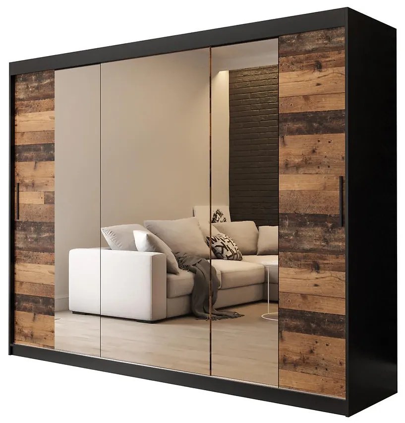 Skriňa Old Wood T2 250 Čierna/Old Style/zrkadlo