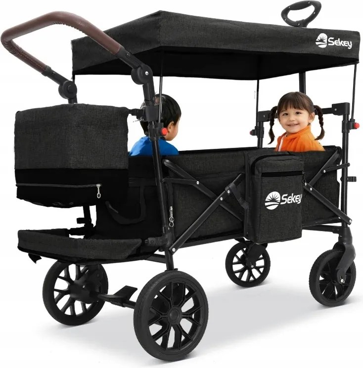 Skladací Kočík Pre 1 – 2 Deti Kolesá XXL Strieška Odpružená Čierna Koža