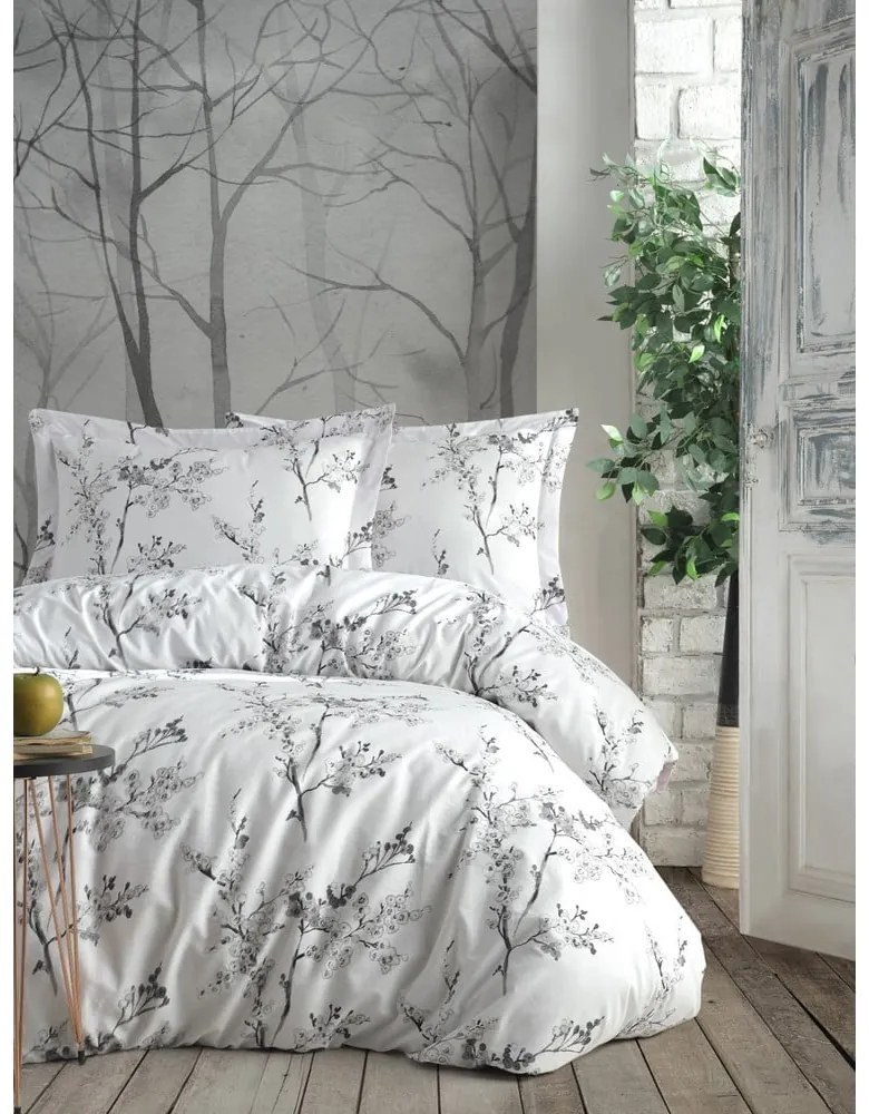 Biele/sivé obliečky na dvojlôžko/predĺžené z bavlny Renforcé 240x220 cm White Floral – Mila Home Luxury