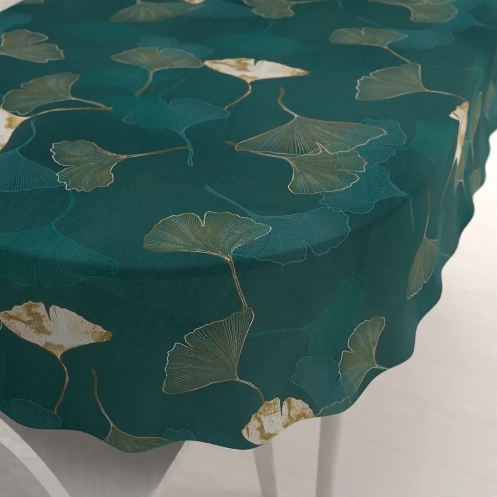 Biante Bavlnený oválny obrus Sandra SA-428 Ginkgo listy na petrolejovom 120x160 cm