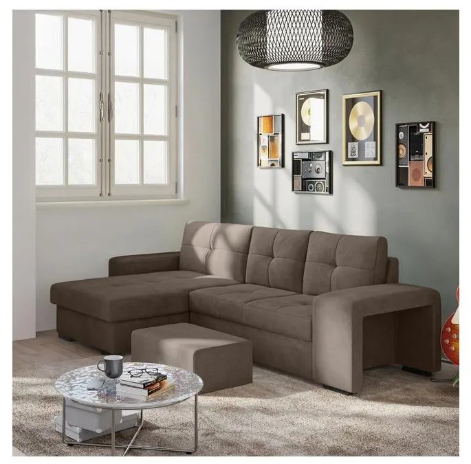 Rozkladacia sedačka s úložným priestorom a taburetom PALERMO, hnedá, ľavé prevedenie