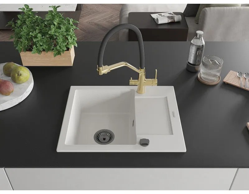 Mexen Enzo, granitový drez 576x465x174 mm, 1-komorový a drezová batéria Duo, biela, 6506-20-671701-57-B