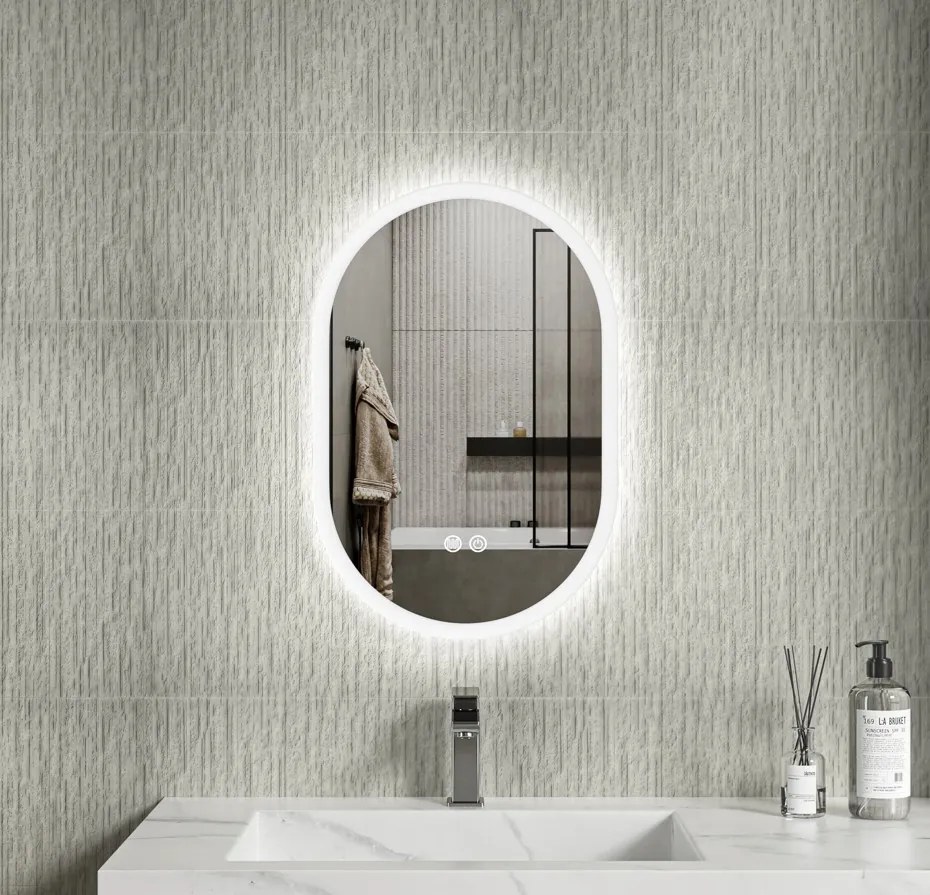 Erga Demi, oválne LED zrkadlo 40x60cm, 3 farby svetla, predné osvetlenie, vyhrievacia podložka proti zapareniu, ERG-V01-DEMI-4060-CL