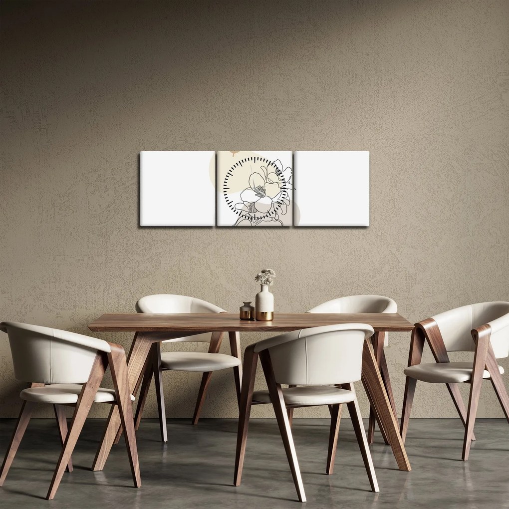 Obraz - Béžové kvety s motýľom N⁰3 (s hodinami) (90x30 cm)