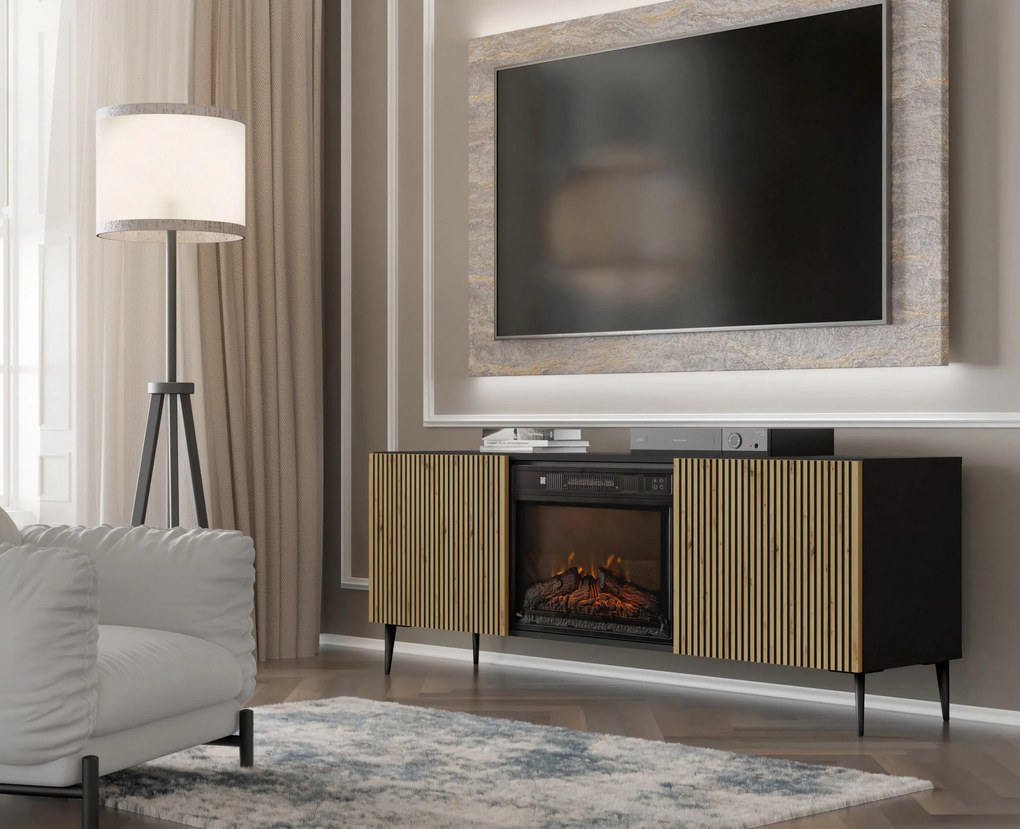 TV skrinka/stolík s elektrickým krbom FPB 2D 170 C Rowanna (dub artisan + čierna). Akcia -20%. Vlastná spoľahlivá doprava až k Vám domov. 1125092