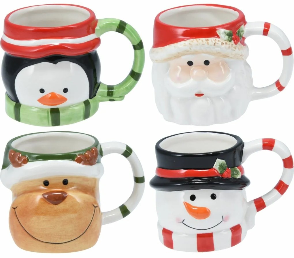 Súprava 4 vianočných keramických hrnčekov 250–280 ml
