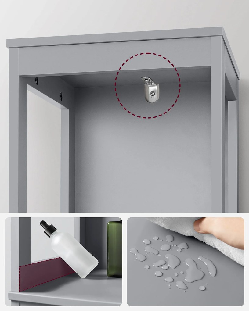 Kúpeľňová podlahová skrinka, s 2 zásuvkami, 3 otvorenými priehradkami, sivá