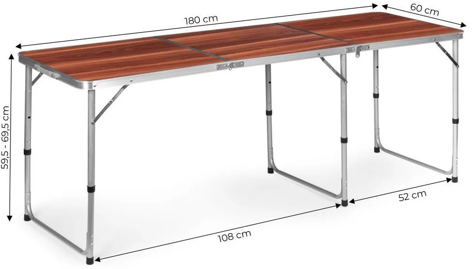 Skladací cateringový stôl 180 x 60 cm s imitáciou dreva 3-časťový