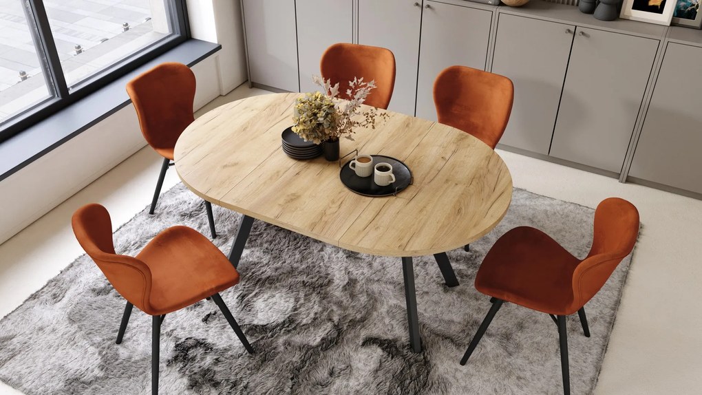 ALMO Dub Craft Gold/čierne nohy - OKRÚHLY LOFTOVÝ/INDUSTRIÁLNY ROZKLADACÍ STÔL DO OBÝVAČKY/JEDÁLNE